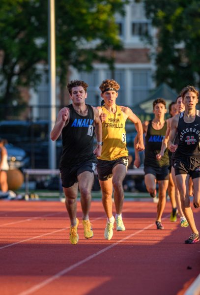 Dawson at the end of an 800 meter race at the North Bay League Championships on May 7th.